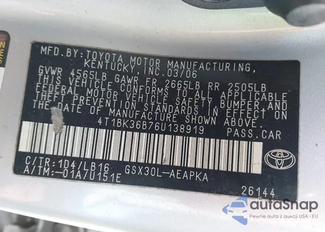 2006 Toyota Avalon Limited from USA, damaged, VIN 4T1BK36B76U138919